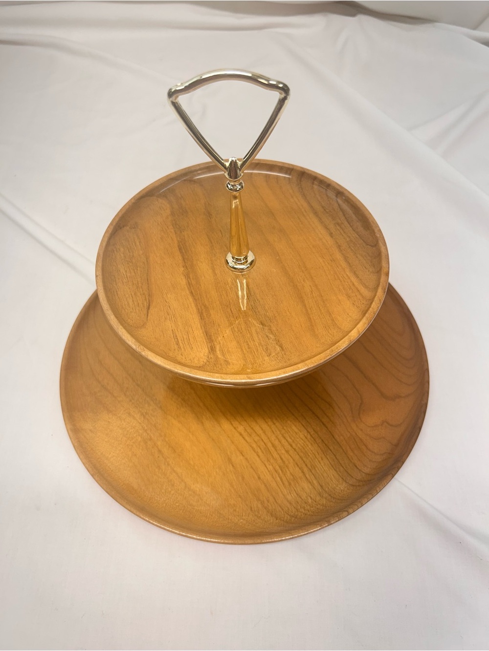 MCM “Hilltop” Oregon Myrtlewood Two-Tier Wood and Gold Serving Stand - Picture 2 of 8